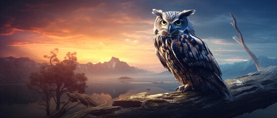Owl night animal in wild nature with dark sunset background