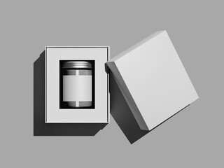 Flat Lay White Blank Candle Jar Mockup 3D Render inside of Box Packaging