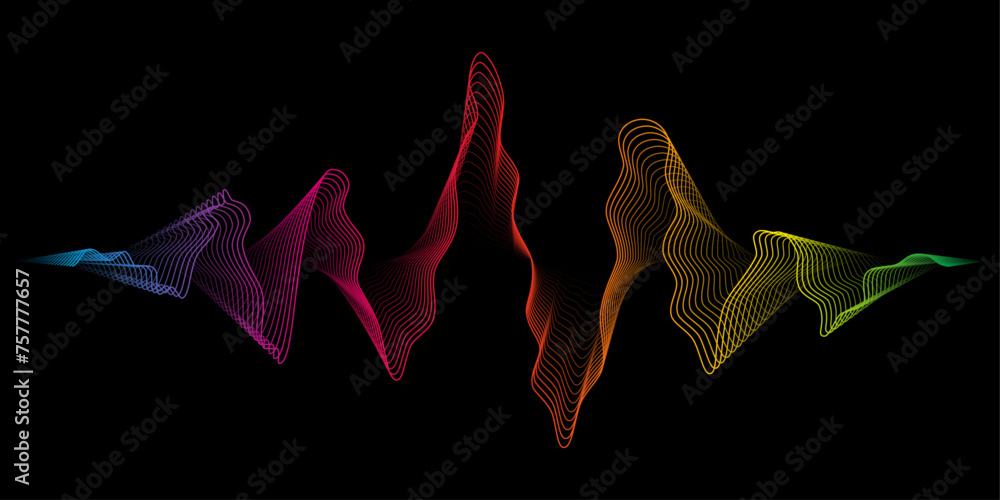 Poster Abstract background waves dynamic rainbow light flow isolated on black background. Vector design element for technology, modern science banner. Music equalizer or or soundwave concept.