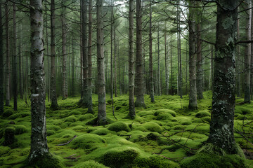 A serene scandinavian forest with tall trees and vibrant green moss covering the ground.
