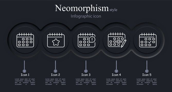 Calendar icon set. Star, important day, outline, pencil, checkmark. Neumorphism style. Vector line icon for business and advertising