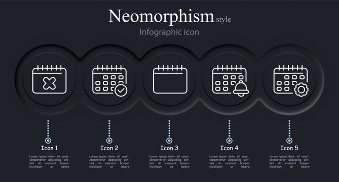 Calendar icon set. Cross, checkmark, bell, gear, options, change. Neomorphism style. Vector line icon for business and advertising