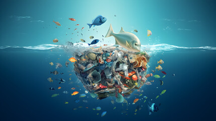 A group of fish swimming around a garbage in the ocean pollution environmental impact oceanic background