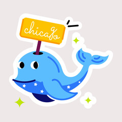 Download flat sticker of whale with chicago signboard 