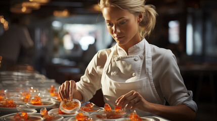 Beautiful woman chef in the uniform and pinafore cooking on the kitchen at a restaurant. Concept of molecular cuisine - obrazy, fototapety, plakaty