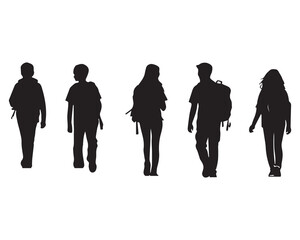 Vector silhouettes of boys, girls, walking with backpack, teenagers, a group people, profile, students, black color isolated on white background
