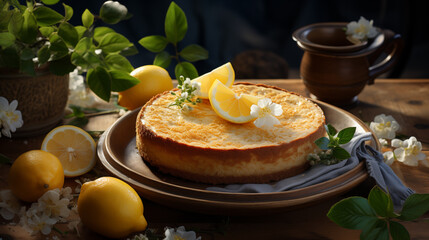 Cheesecake with sour cream,lemon, oranges and fresh mint decorations, concept of cooking in the kitchen
