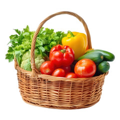 Fresh Vegetables in Wicker Basket Isolated on Transparent Background.  Basket Overflowing with Vegetables Cutout PNG