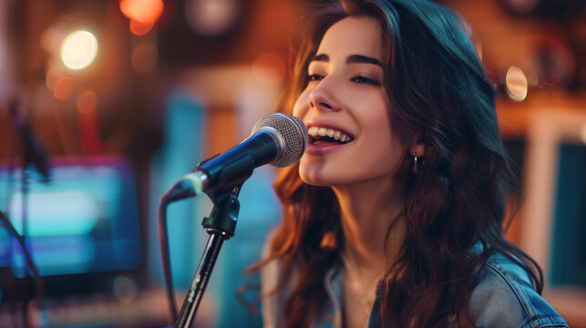 A beautiful woman with a stunning voice sings a song in front of a microphone in a music recording studio. Ai generated Images