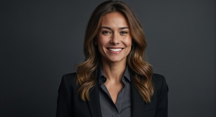 Portrait of beautiful professional businesswoman on black shirt optimistic happy confident smiling on plain gray background looking at camera from Generative AI - obrazy, fototapety, plakaty