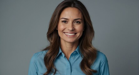 Portrait of beautiful professional businesswoman on blue shirt optimistic happy confident smiling on plain gray background looking at camera from Generative AI - obrazy, fototapety, plakaty