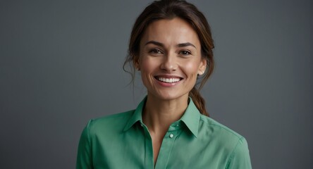Portrait of beautiful professional businesswoman on green shirt optimistic happy confident smiling on plain gray background looking at camera from Generative AI