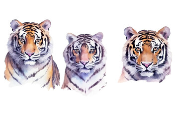 Fototapeta na wymiar Tiger predators Hand drawn animal beautiful cat illustration Set Watercolor big
