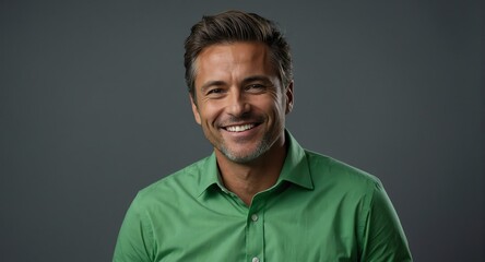 Portrait of handsome professional businessman on green shirt happy confident smiling on plain gray background looking at camera from Generative AI - obrazy, fototapety, plakaty