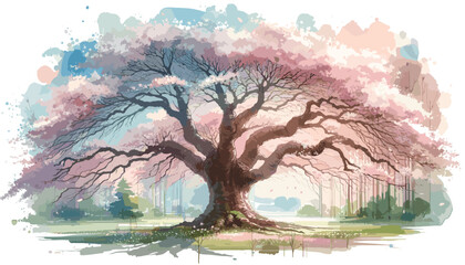 Concept of the image of a large beautiful cherry tree. Vector illustration.