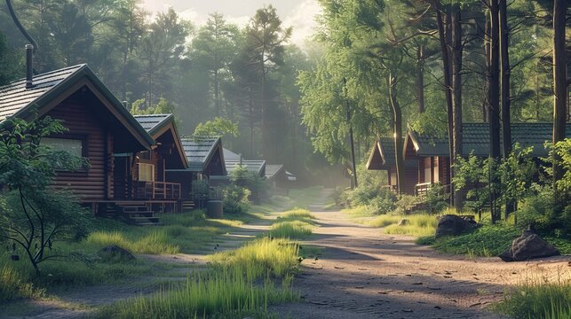 A realistic photograph depicting a summer camp in the morning, featuring cabins.