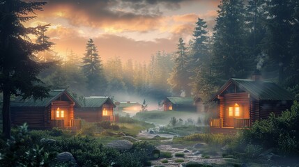 A realistic photograph depicting a summer camp in the morning, featuring cabins. - obrazy, fototapety, plakaty