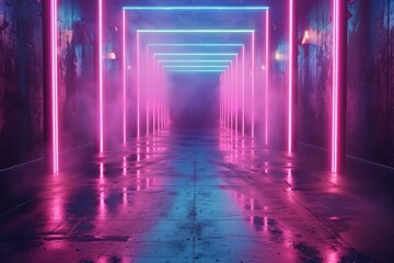 Neon light abstract background. Neon glowing lights stage with 80s retro art. Laser lines and LED technology create glow in dark room. Synthwave style wallpaper background. Cyber club.