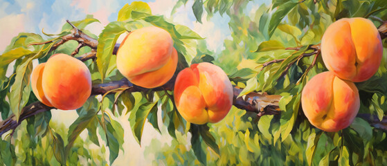 Peaches oil painting. Ripe juicy fragrant peaches - obrazy, fototapety, plakaty