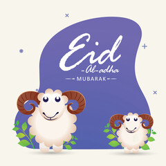 Eid Al Adha Islamic Festival Greeting Card Design with Illustration of Sheep on Abstract Frame or Background.