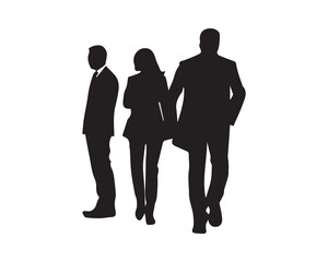 Vector silhouettes of men and a women, a group of standing business people, profile, black color isolated on white background
