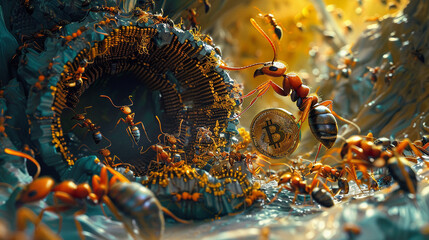 Ants in a heroic struggle collectively carrying oversized bitcoins through a vibrant