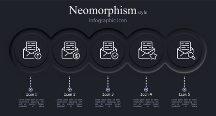 Message icon set. Envelope, text, letter, sending, dollar, tick, asterisk, magnifying glass, stamp. Neomorphism style. Vector line icon for business and advertising - obrazy, fototapety, plakaty