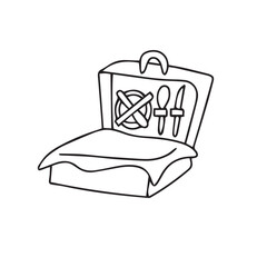 Hand drawn picnic basket with food tableware in doodle style, isolated outline vector illustration. Vector illustration