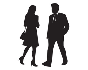 Vector silhouettes of men and a women, a group of standing business people, profile, black color isolated on white background
