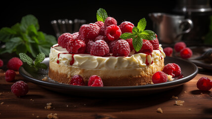 Cheesecake with sour cream, different berries and fresh mint decorations, concept of cooking in the kitchen