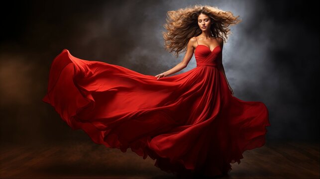 Woman in flowing red gown on dark backdrop