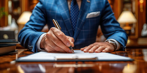 man politician in a suit and tie signs document contract agreement with pen in hand at table in office