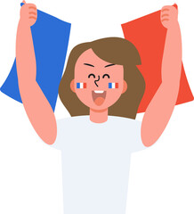 French people cheer happily for sporting victory with national flag. 