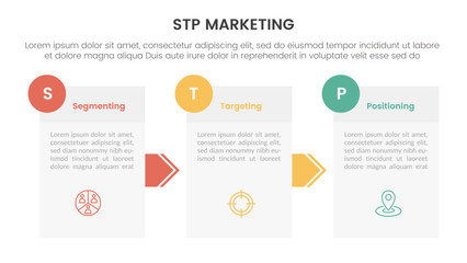 stp marketing strategy model for segmentation customer infographic with box information and arrow direction 3 points for slide presentation