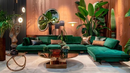 Emerald Green Velvet Sofa in Art Deco Living Room with Copper Accents and Lush Plants - obrazy, fototapety, plakaty