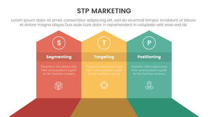 stp marketing strategy model for segmentation customer infographic with big shape arrow header top direction 3 points for slide presentation