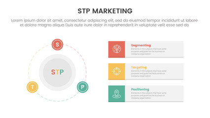 stp marketing strategy model for segmentation customer infographic with big circle and outline badge on the line 3 points for slide presentation