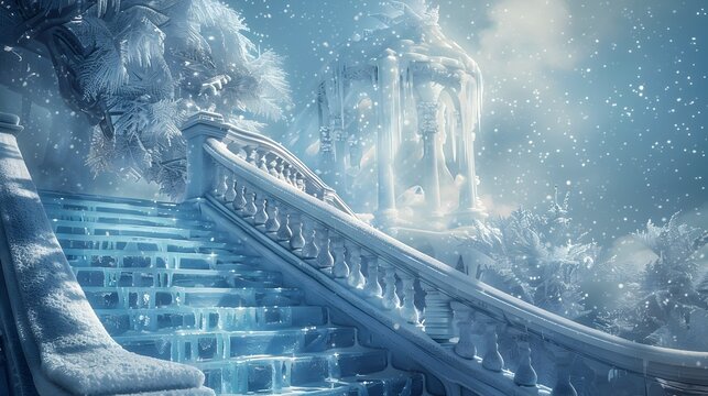 Frozen Fantasy Palace A Magical Staircase of Intricate Ice Statues in a Winter Wonderland