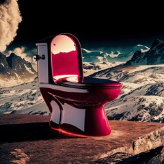 Glossy red Toilet seat WC lavatory on top of mountain on moon surface ultimate relaxation luxury seat in open stardom life space travel vacation on moon relaxing dump alone on planet concept