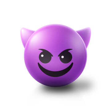 Happy horned devil Emoji stress ball on shiny floor. 3D emoticon isolated.
