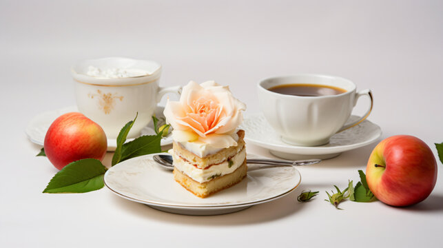 Photo on a white background apple cake cup with tea on