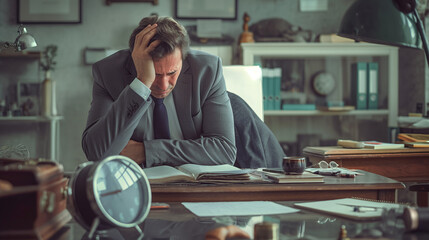 Businessman sad or depress at office table with many documents