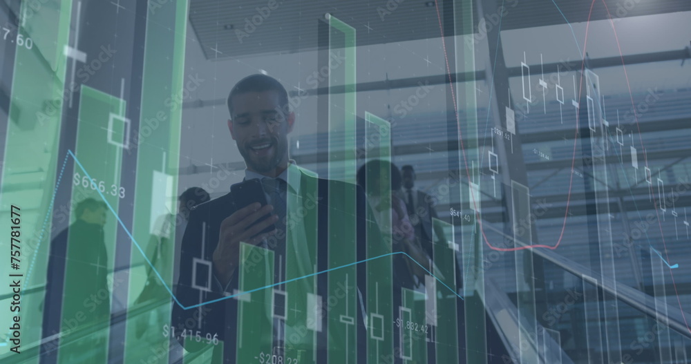 Poster image of data processing over caucasian businessman on stairs using smartphone