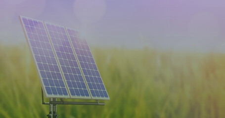 Image of data processing and letters over solar panel