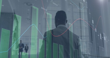 Image of data processing over african american businessman walking