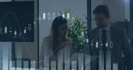 Image of data processing over diverse business people talking