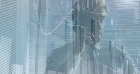 Image of data processing over caucasian businessman talking on smartphone