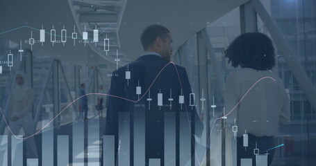 Image of data processing over diverse business people walking