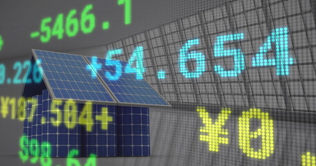 Image of financial data processing over solar panels