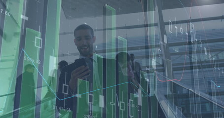 Image of data processing over caucasian businessman on stairs using smartphone